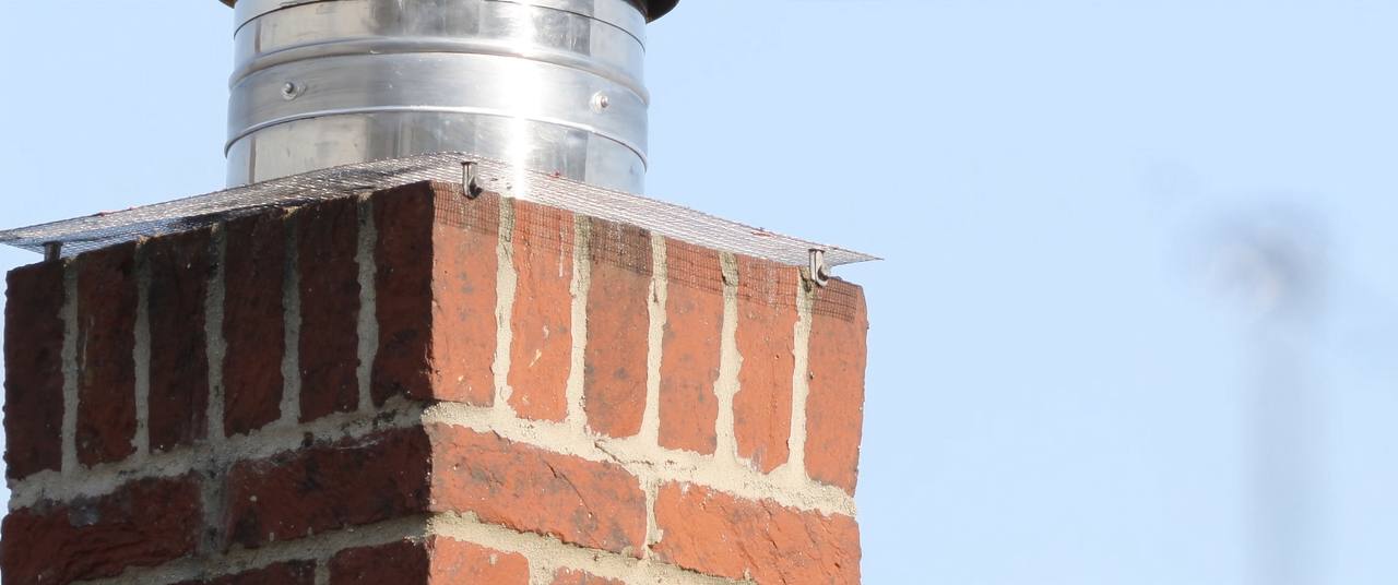 Stainless steel chimney cap with mesh spark screen mounted on a brick chimney